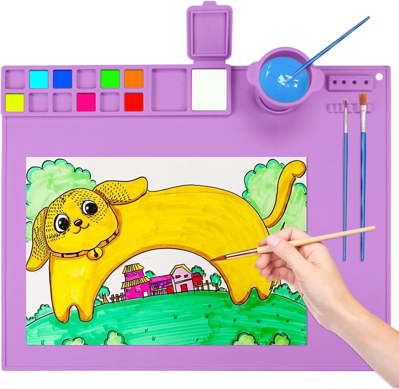 BeFunky Silicone Art Mat with Cup, Painting Mat for Crafts, Artist Mat with Brush Holders for Kids Gift, Clay, DIY Creations and Play Doh (Purple) - Image 1