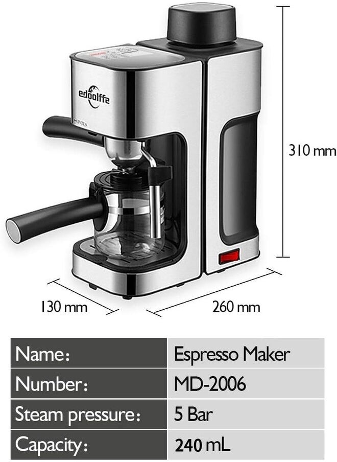edoolffe - Edoolffe Espresso Maker Household Built-In Milk Frother Coffee Maker MD-2006 - Image 1