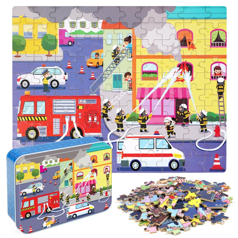 LELEMON 100 Pieces Jigsaw Puzzles in a Metal Box for Kids Age for 48 Boys Girls Toy Puzzles Fire Truck Ambulance Police Car Fireman Children Learning Educational Puzzles Toys - Image 2