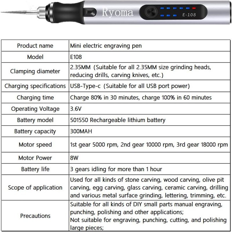 Ryoma Rechargeable cordless Electric Micro Engraver Pen Mini DIY Engraving Tool Kit for Metal Glass Ceramic Plastic Wood Jewelry with 30 Bits and 16 Stencils and 1 Scriber Pen (silver) - Image 4