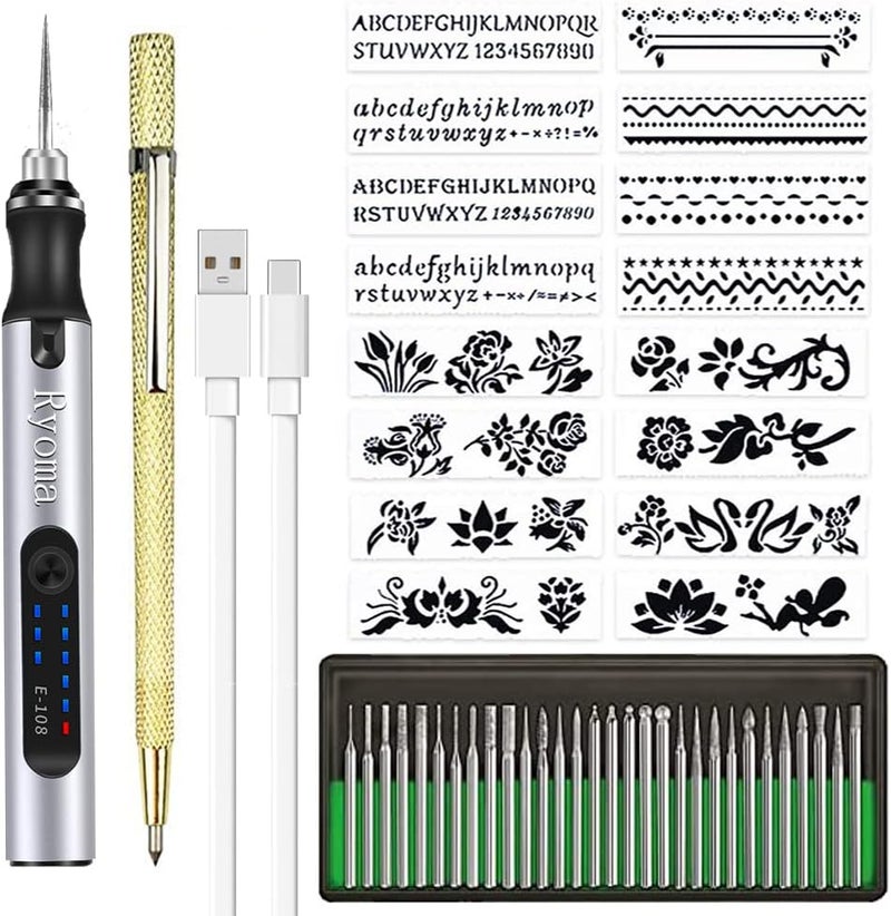 Ryoma Rechargeable cordless Electric Micro Engraver Pen Mini DIY Engraving Tool Kit for Metal Glass Ceramic Plastic Wood Jewelry with 30 Bits and 16 Stencils and 1 Scriber Pen (silver) - Image 1