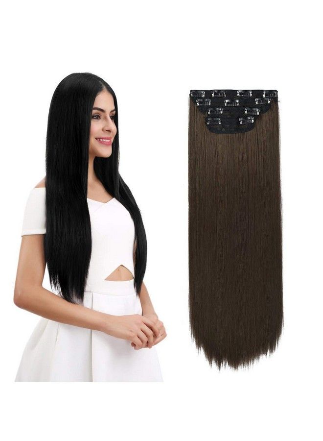 REECHO 24" Straight Long 4 Pcs Set Thick Clip In On Hair Extensions Medium Ash Brown - Image 1