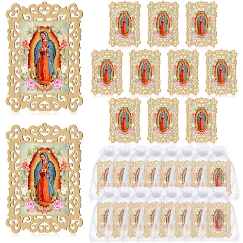 Quelay 24 Pcs Our Lady of Guadalupe Wooden Picture Frames with Organza Gift Bags Baptism Favors for Guests First Communion Christening Memorial Engrave Guest Gift Catholic Gifts Recuerdos De Bautizo - Image 1