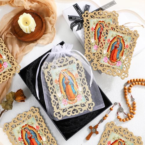Quelay 24 Pcs Our Lady of Guadalupe Wooden Picture Frames with Organza Gift Bags Baptism Favors for Guests First Communion Christening Memorial Engrave Guest Gift Catholic Gifts Recuerdos De Bautizo - Image 3