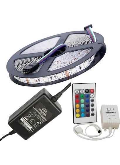 RGB LED Strip Indoor and Outdoor 5 m Remote Control Set Plug and Play 16 Colors 24 Keys Remote Adapter Silicone