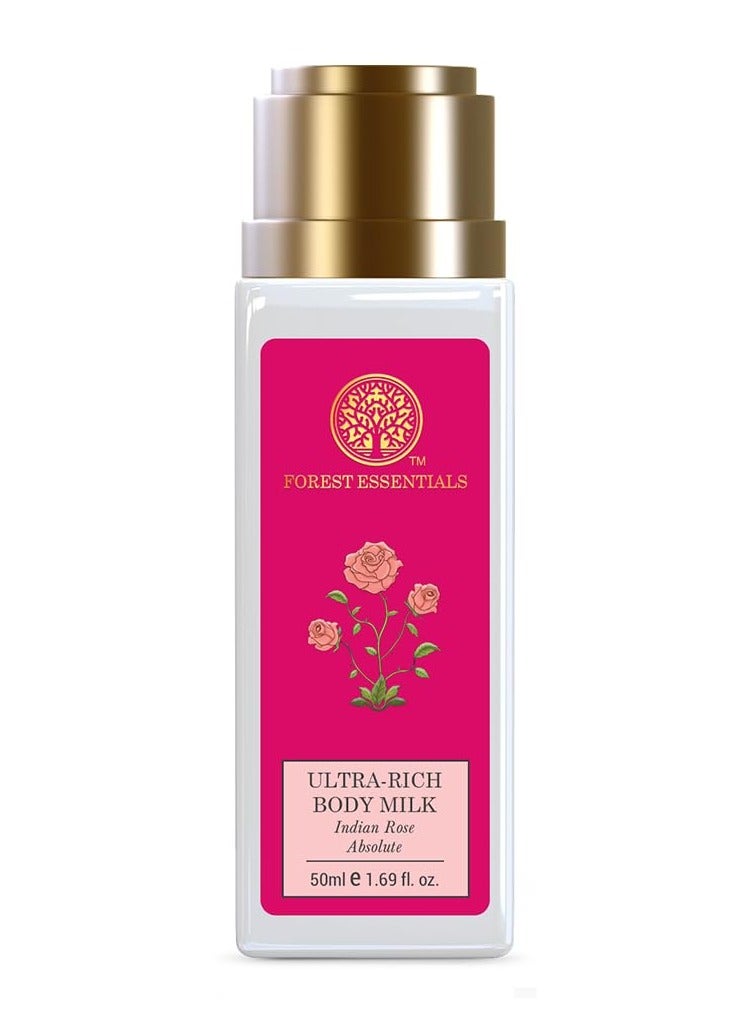 فورست اسينشالز حليب الجسم الغني جدًا بالجسم حليب الورد الهندي الغني جدًا بحجم مناسب للسفر | لوشن مرطب طبيعي للجسم لترطيب فوري | مرطب جسم أيورفيدا خالٍ من البارابين | للنساء والرجال | 50 مل - Image 1