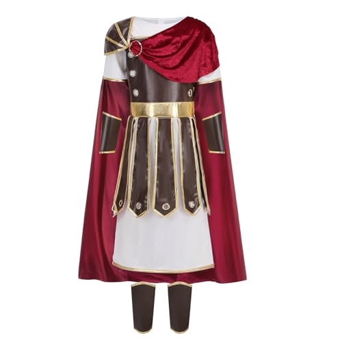 HAPNBCELE Roman Soldier Costume Kids Boys Knight Viking Gladiator Medieval Renaissance Dress up Halloween Party Role Play (White-brown, 9-10 Years) - Image 1