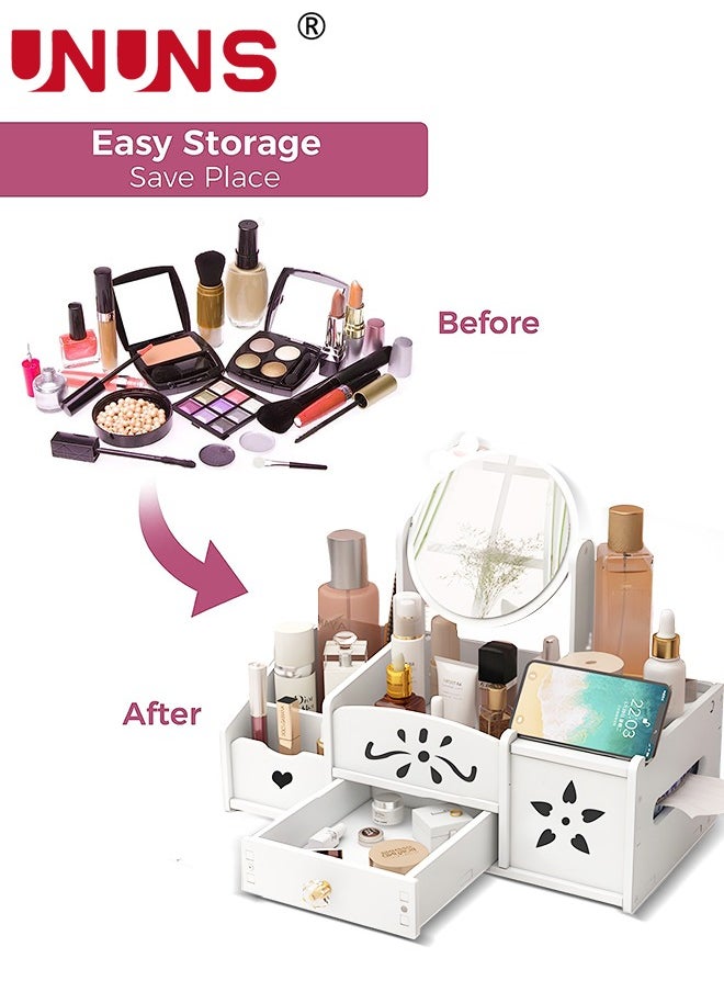 UNUNS - Desk Organizer,2-Layer Large Capacity Desk Organizer With Drawers And Mirror,Bathroom Organizer With Mobile Phone Stand And Tissue Storage,Ideal For Bedroom And Bathroom Countertops - Image 1