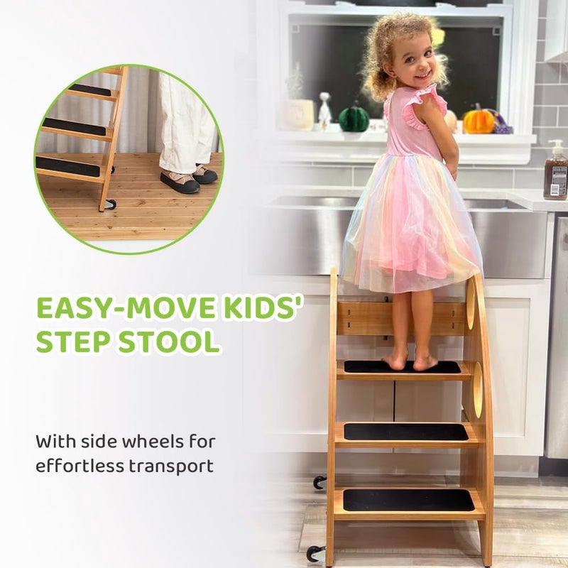 StrongTek Step Stool, Step Ladder with Wheels | Safety Handles, 3-Tier Wooden Standing Tower, Non-Slip Steps, 350 lbs Capacity for Kitchen & Bathroom - Image 2