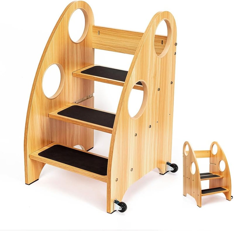 StrongTek Step Stool, Step Ladder with Wheels | Safety Handles, 3-Tier Wooden Standing Tower, Non-Slip Steps, 350 lbs Capacity for Kitchen & Bathroom - Image 1