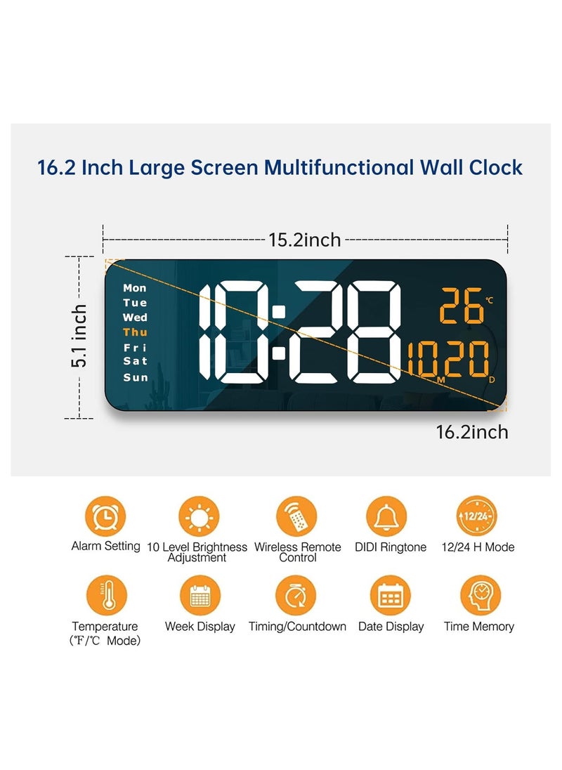 ماركة غير محددة - ساعة حائط رقمية كبيرة الحجم، 16.2 بوصة، ساعة حائط رقمية كبيرة مع شاشة LED للتحكم عن بعد، ساعة كبيرة مع سطوع تلقائي مع تاريخ الأسبوع ودرجة الحرارة (برتقالي) - Image 1