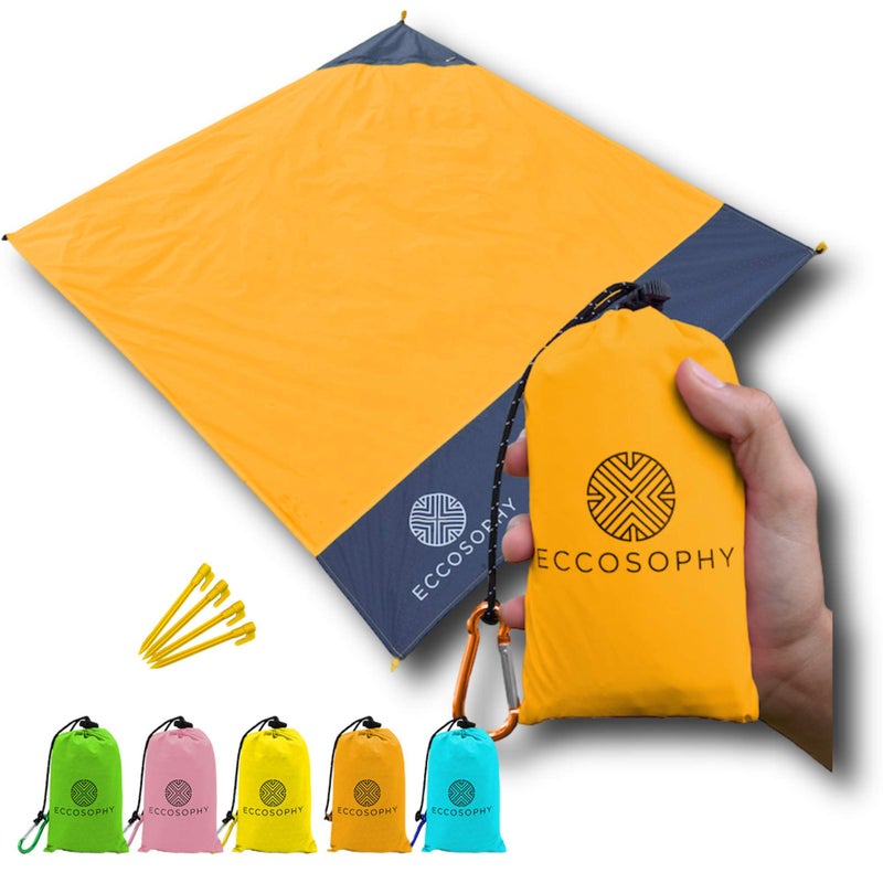 ECCOSOPHY Sand Proof Beach Blanket  Waterproof Picnic Blanket 60x55 Outdoor Compact Pocket Blanket Lightweight Ground Cover for Hiking Camping Festivals Sports Travel with Bag  Stakes Orange