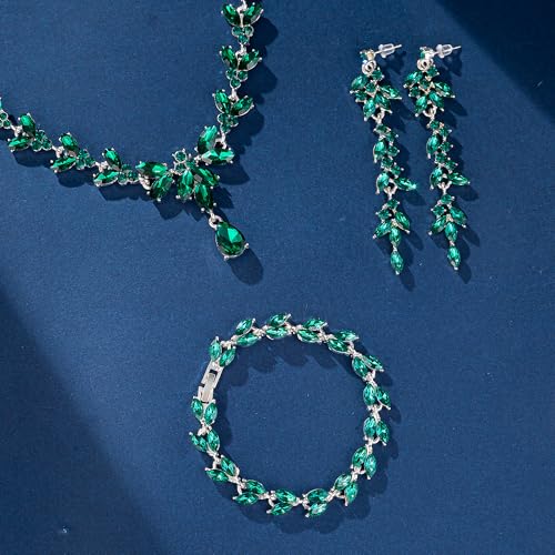 Paxuan Wedding Jewelry Sets for Bride Bridesmaid Bridal Jewelry Set for Women Wedding Crystal Necklace Earrings Bracelet Set for Party Prom Jewelry (Emerald Green - Silver) - Image 4