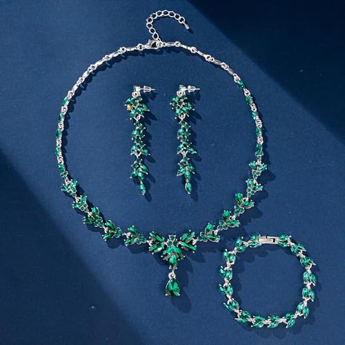 Paxuan Wedding Jewelry Sets for Bride Bridesmaid Bridal Jewelry Set for Women Wedding Crystal Necklace Earrings Bracelet Set for Party Prom Jewelry (Emerald Green - Silver) - Image 5