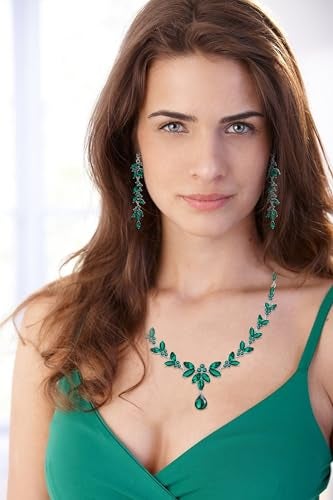 Paxuan Wedding Jewelry Sets for Bride Bridesmaid Bridal Jewelry Set for Women Wedding Crystal Necklace Earrings Bracelet Set for Party Prom Jewelry (Emerald Green - Silver) - Image 2