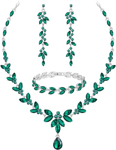 Paxuan Wedding Jewelry Sets for Bride Bridesmaid Bridal Jewelry Set for Women Wedding Crystal Necklace Earrings Bracelet Set for Party Prom Jewelry (Emerald Green - Silver) - Image 1