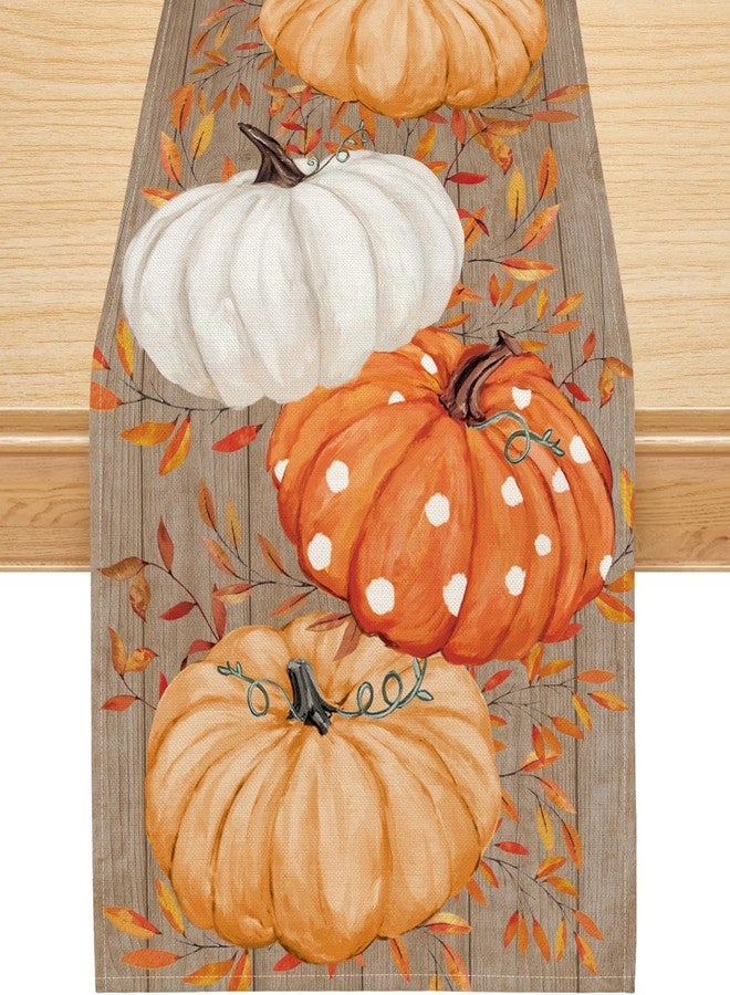 Siilues Fall Table Runner, Wood Eucalyptus Orange Pumpkin Runner Seasonal Autumn Home Party Decor Dining Table Decorations 13x72 Inch - Image 1