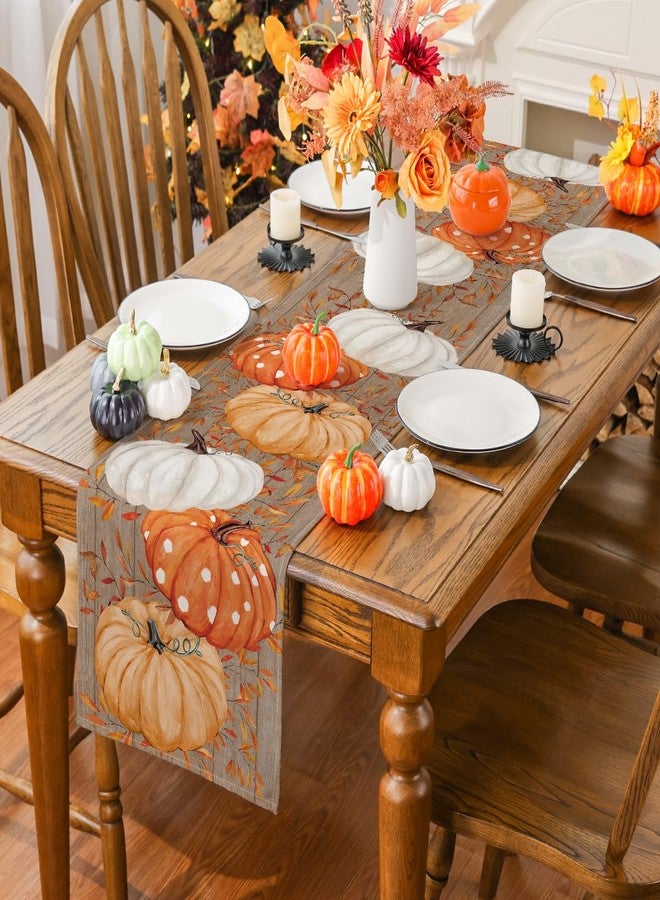 Siilues Fall Table Runner, Wood Eucalyptus Orange Pumpkin Runner Seasonal Autumn Home Party Decor Dining Table Decorations 13x72 Inch - Image 3