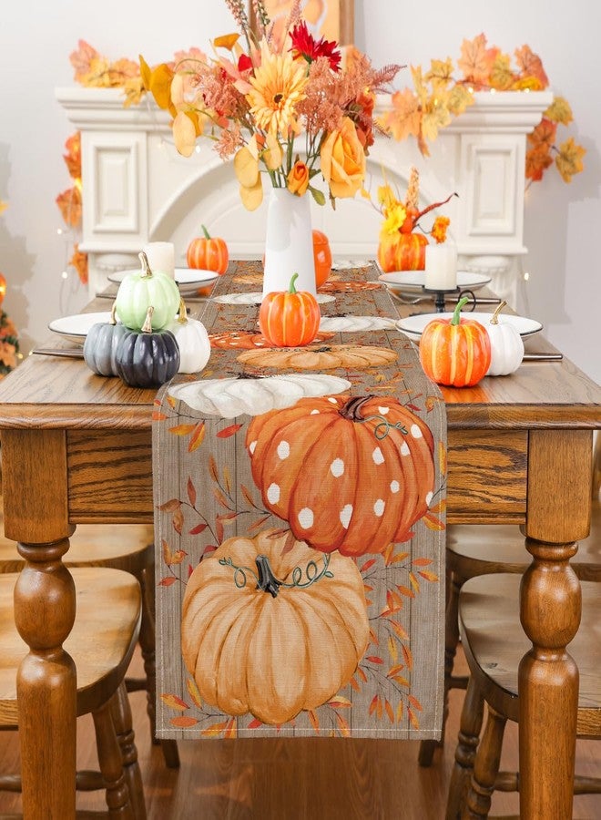 Siilues Fall Table Runner, Wood Eucalyptus Orange Pumpkin Runner Seasonal Autumn Home Party Decor Dining Table Decorations 13x72 Inch - Image 2