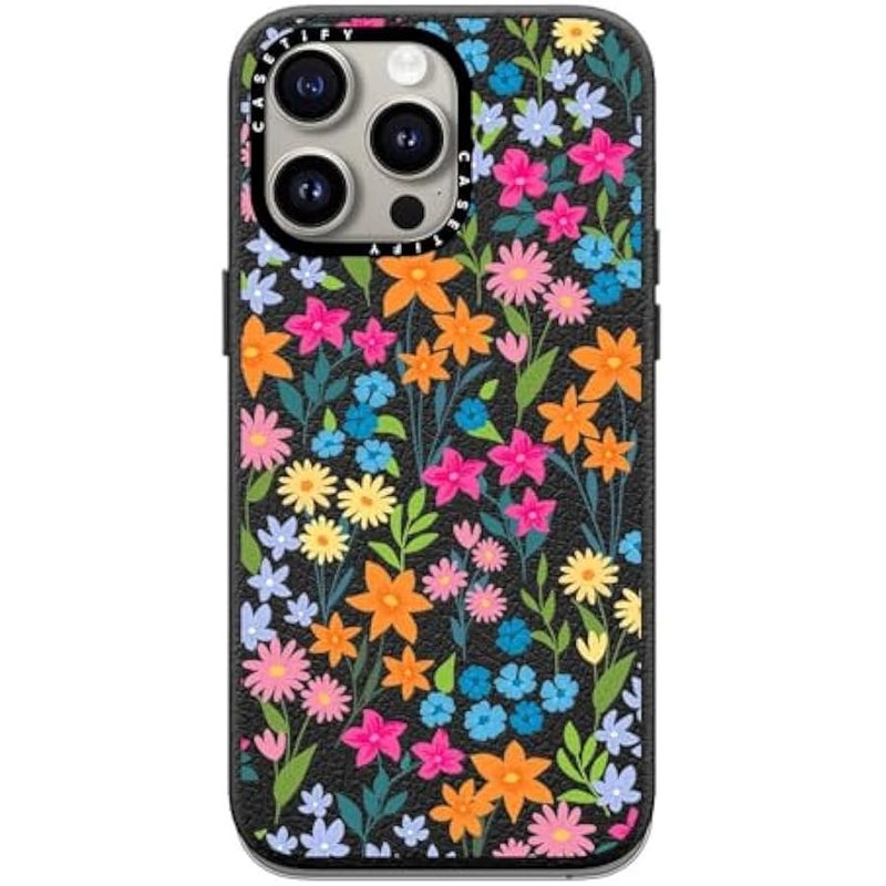 Casetify Pebbled iPhone 15 Pro Max Case 【Textured / 4.9ft Drop Protection/Compatible with Magsafe】 - Flower Prints - Bright Spring Flowers - Daisy Floral Pattern - Jet Black - Image 1