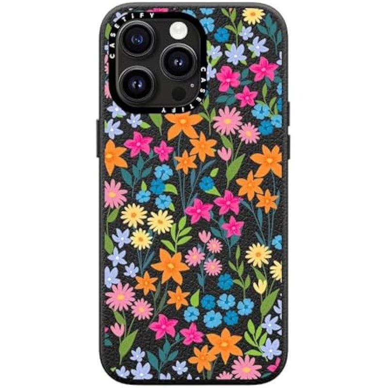 Casetify Pebbled iPhone 15 Pro Max Case 【Textured / 4.9ft Drop Protection/Compatible with Magsafe】 - Flower Prints - Bright Spring Flowers - Daisy Floral Pattern - Jet Black - Image 4