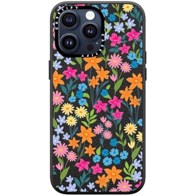 Casetify Pebbled iPhone 15 Pro Max Case 【Textured / 4.9ft Drop Protection/Compatible with Magsafe】 - Flower Prints - Bright Spring Flowers - Daisy Floral Pattern - Jet Black - Image 2