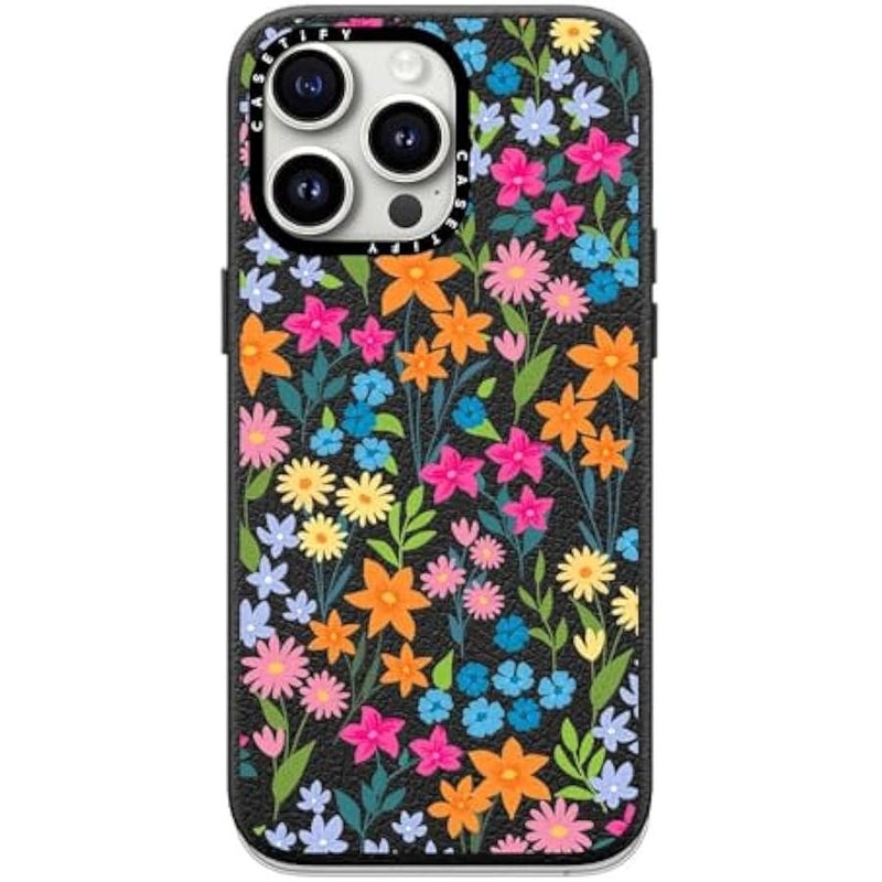 Casetify Pebbled iPhone 15 Pro Max Case 【Textured / 4.9ft Drop Protection/Compatible with Magsafe】 - Flower Prints - Bright Spring Flowers - Daisy Floral Pattern - Jet Black - Image 3