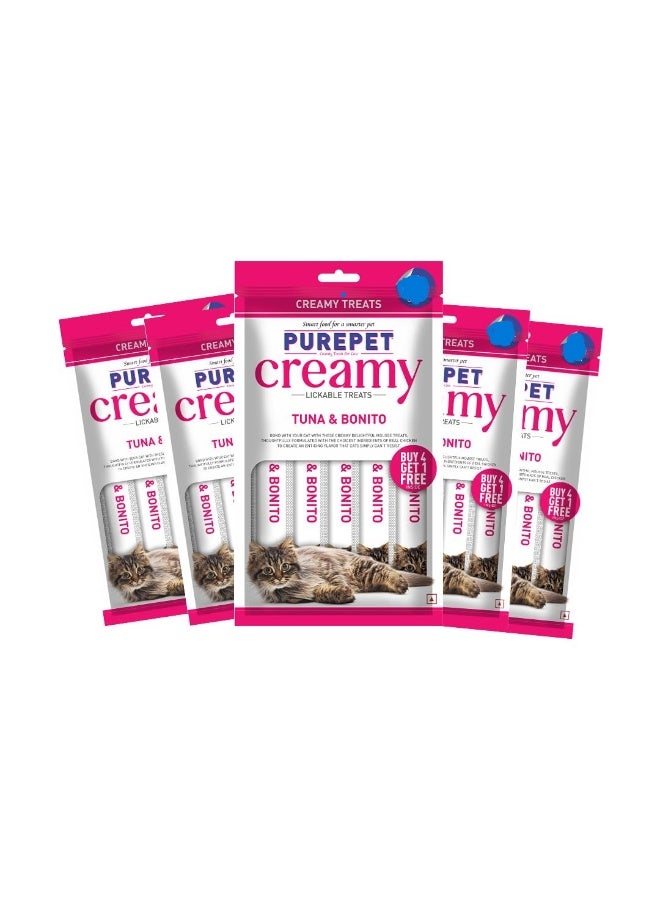 Purepet Creamy Lickable Cat Treats (75g x 5 Pouches) Total 375g | Tuna & Bonito | Supports Skin & Coat | Easy Digestion | Enriched with Taurine for Heart (All Life Stages) - Image 1