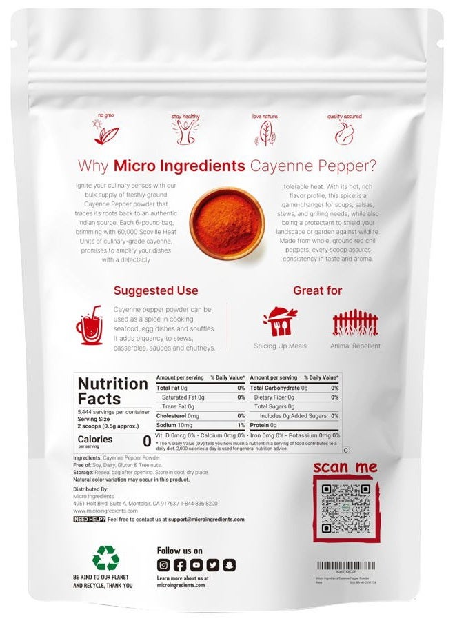 Micro Ingredients مسحوق فلفل كايين المطحون، 6 أرطال (60,000 وحدة حرارة سكوفيل) | مصدر متميز للتوابل والتتبيل | حماية الحديقة من الحياة البرية | خالي من الإضافات، غير معدّل وراثيًا، إمدادات بالجملة - Image 2