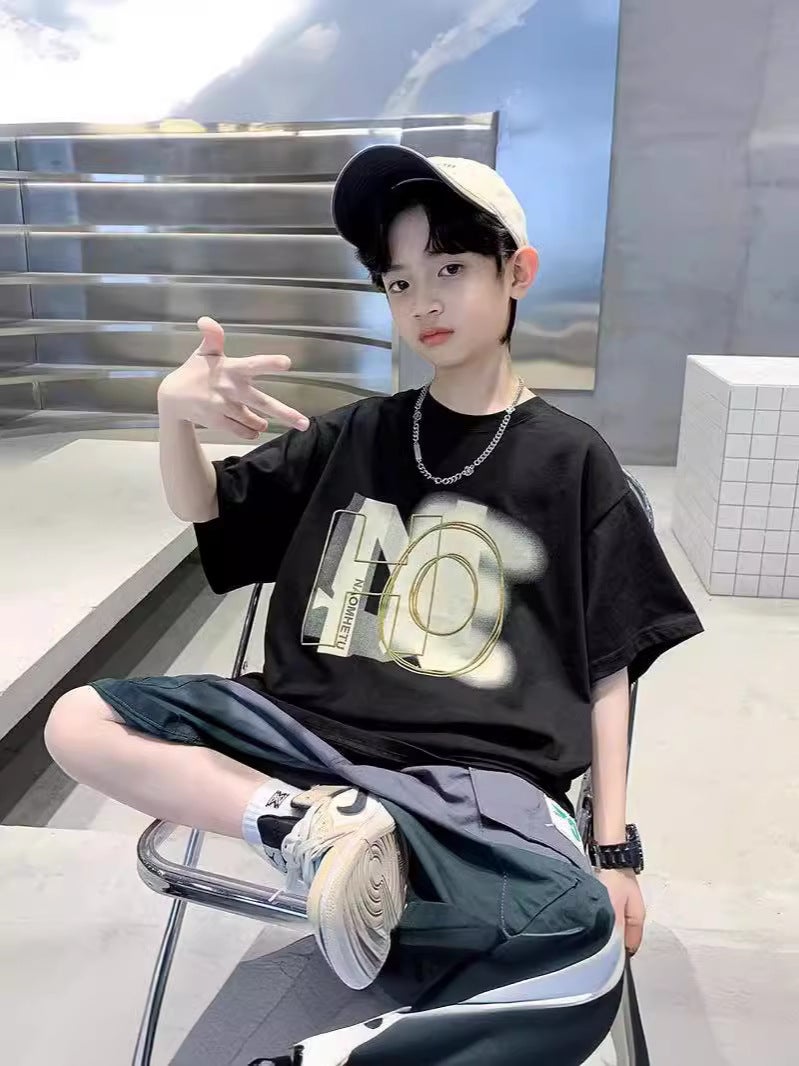 Children'S Clothing Boys' Summer Handsome Medium And Big Children Korean Style Western Style Casual Loose Letter Top Fashionable Outer Wear - Image 2
