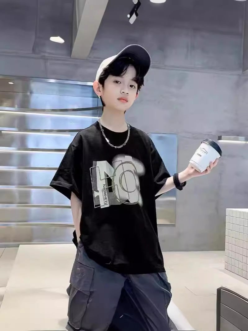 Children'S Clothing Boys' Summer Handsome Medium And Big Children Korean Style Western Style Casual Loose Letter Top Fashionable Outer Wear - Image 3