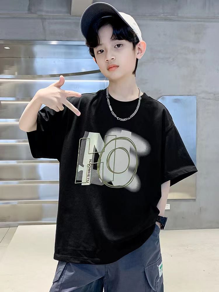 Children'S Clothing Boys' Summer Handsome Medium And Big Children Korean Style Western Style Casual Loose Letter Top Fashionable Outer Wear - Image 4