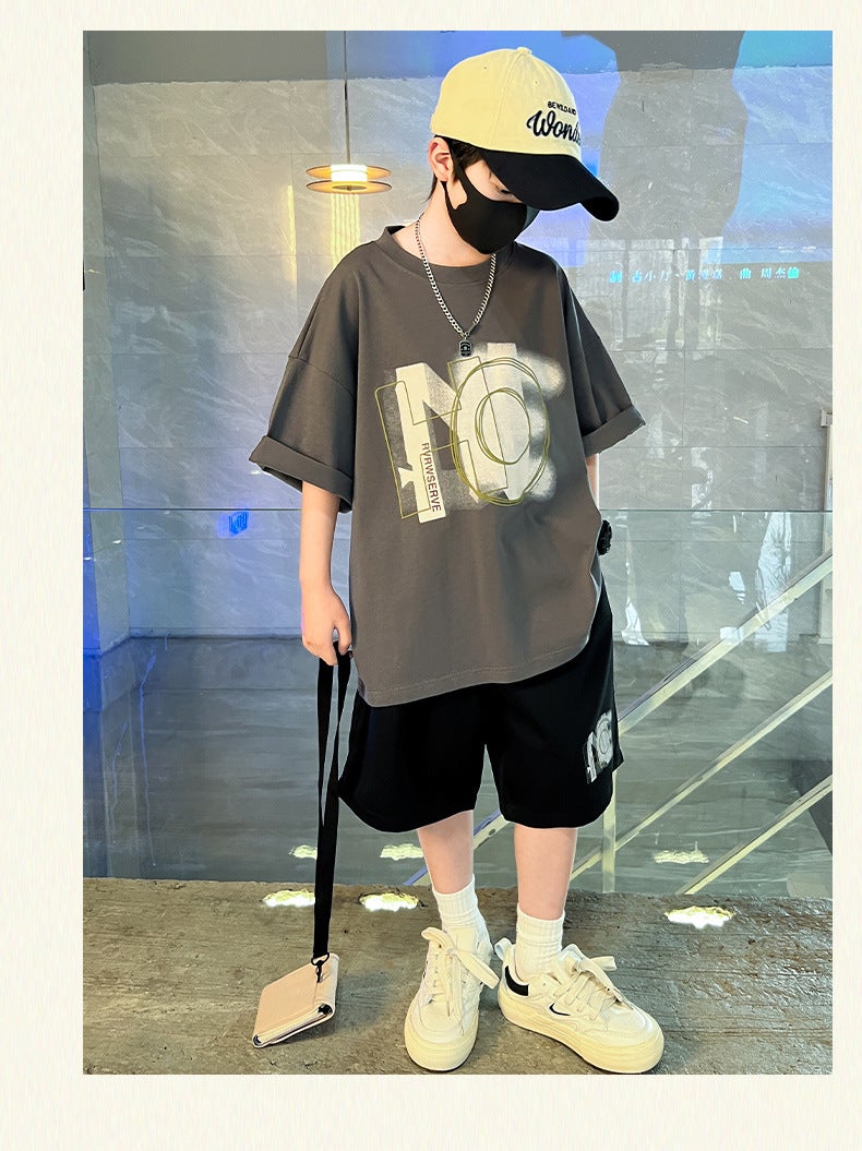 Children'S Clothing Boys' Summer Handsome Medium And Big Children Korean Style Western Style Casual Loose Letter Top Fashionable Outer Wear - Image 1