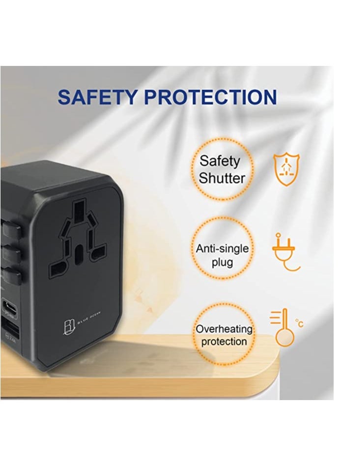 45W Quick Charger PD/QC 3.0 Type C + Universal Charger Adapter with Ultra Fast 3 USB Port & Power Socket Worldwide Plugs UK EU US AU Auto Switch with Travel Pouch