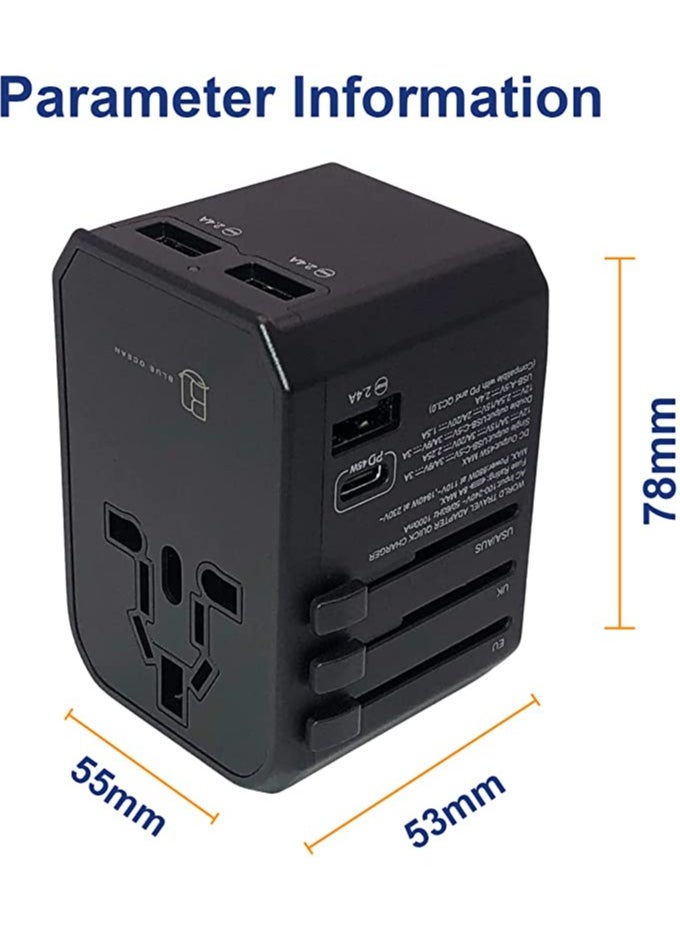 45W Quick Charger PD/QC 3.0 Type C + Universal Charger Adapter with Ultra Fast 3 USB Port & Power Socket Worldwide Plugs UK EU US AU Auto Switch with Travel Pouch