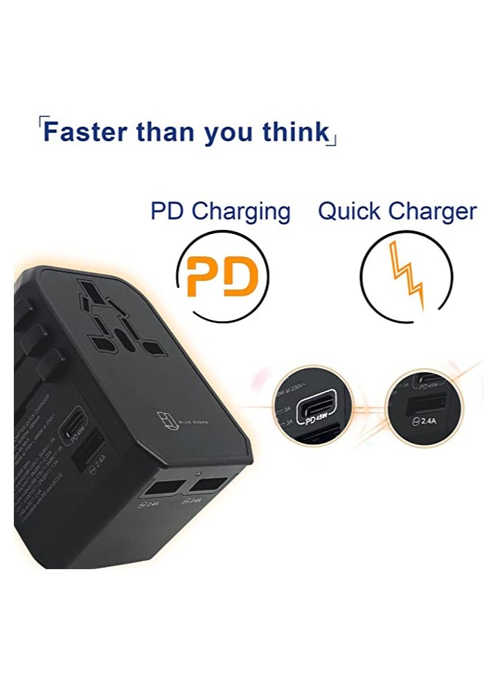 45W Quick Charger PD/QC 3.0 Type C + Universal Charger Adapter with Ultra Fast 3 USB Port & Power Socket Worldwide Plugs UK EU US AU Auto Switch with Travel Pouch