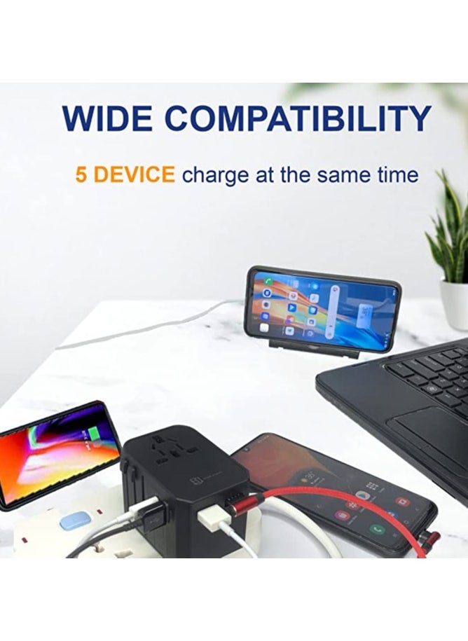 45W Quick Charger PD/QC 3.0 Type C + Universal Charger Adapter with Ultra Fast 3 USB Port & Power Socket Worldwide Plugs UK EU US AU Auto Switch with Travel Pouch