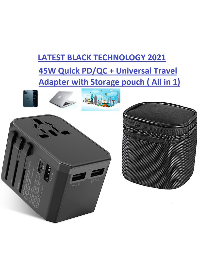 45W Quick Charger PD/QC 3.0 Type C + Universal Charger Adapter with Ultra Fast 3 USB Port & Power Socket Worldwide Plugs UK EU US AU Auto Switch with Travel Pouch