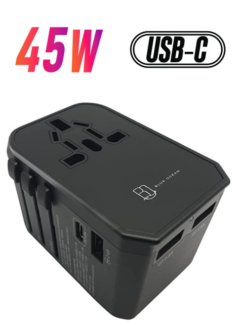 45W Quick Charger PD/QC 3.0 Type C + Universal Charger Adapter with Ultra Fast 3 USB Port & Power Socket Worldwide Plugs UK EU US AU Auto Switch with Travel Pouch