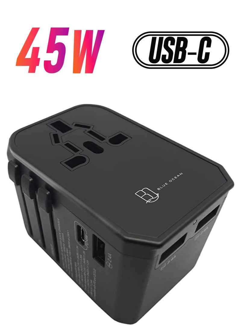 45W Quick Charger PD/QC 3.0 Type C + Universal Charger Adapter with Ultra Fast 3 USB Port & Power Socket Worldwide Plugs UK EU US AU Auto Switch with Travel Pouch