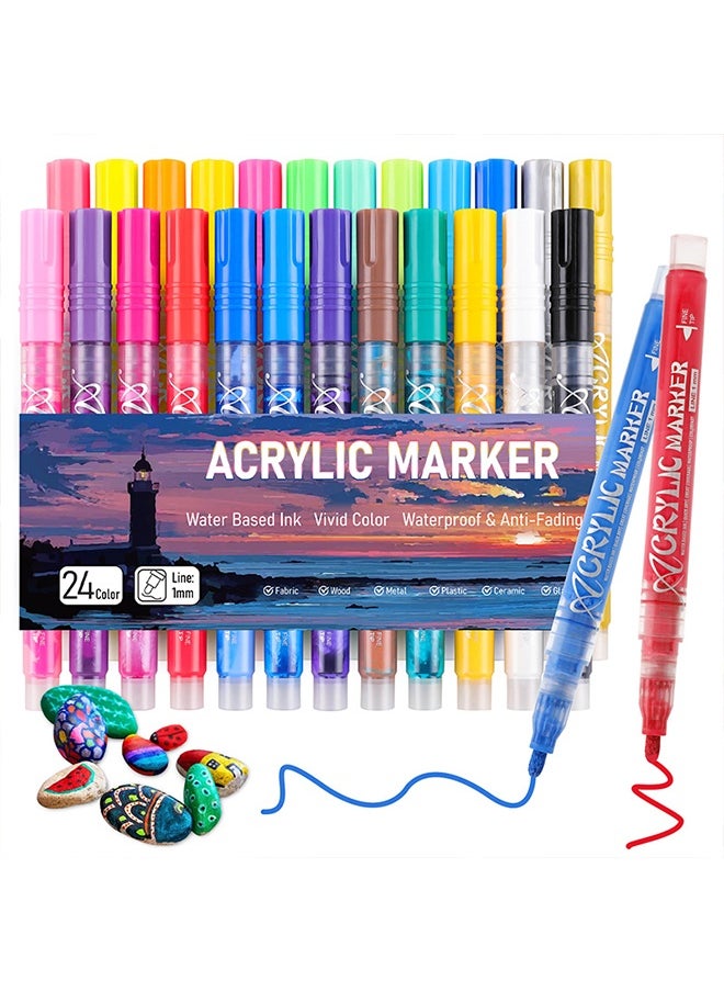 RIANCY 24 Colors Acrylic Paint Markers Set – Water-Based, Waterproof & Fade-Resistant, Medium Tip 1mm, for DIY Art, Rock, Fabric, Wood, Glass, and More  - Image 1