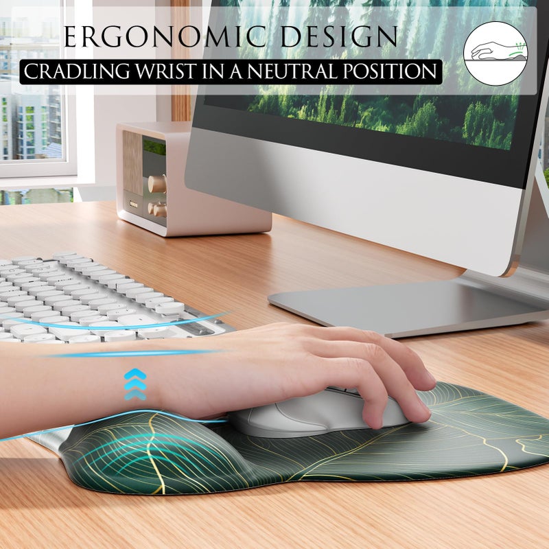 MROCO Ergonomic Mouse Pad with Gel Wrist Rest, Smooth Wrist Support Surface, Non-Slip PU Base for Pain Relief, Comfortable Mousepad for Computer, Laptop, Office & Home, 9.4 x 8.1 in, Green Leaves - Image 5