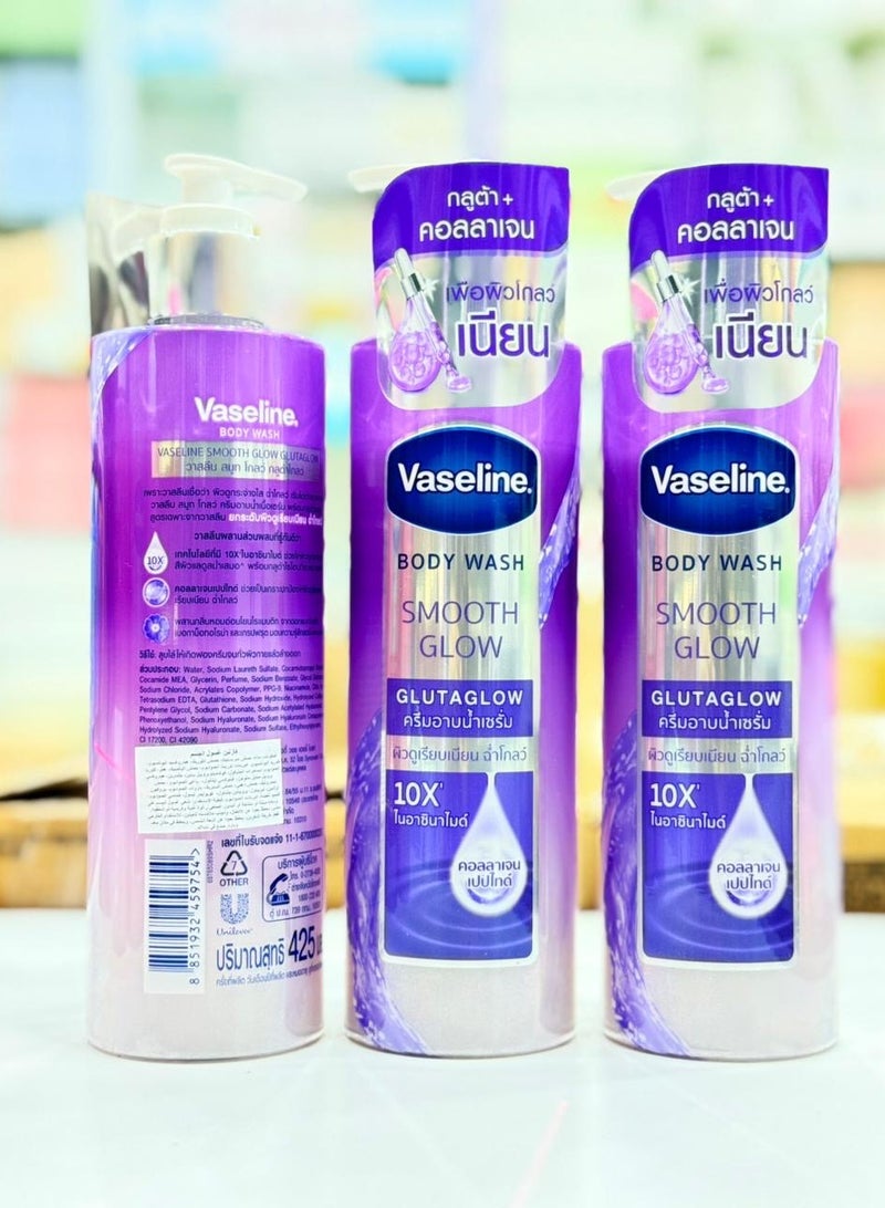 Vaseline Smooth Glow Body Wash with Gluta Glow technology contains 10 times niacinamide and glutathione to help lighten and unify skin tone 425ml