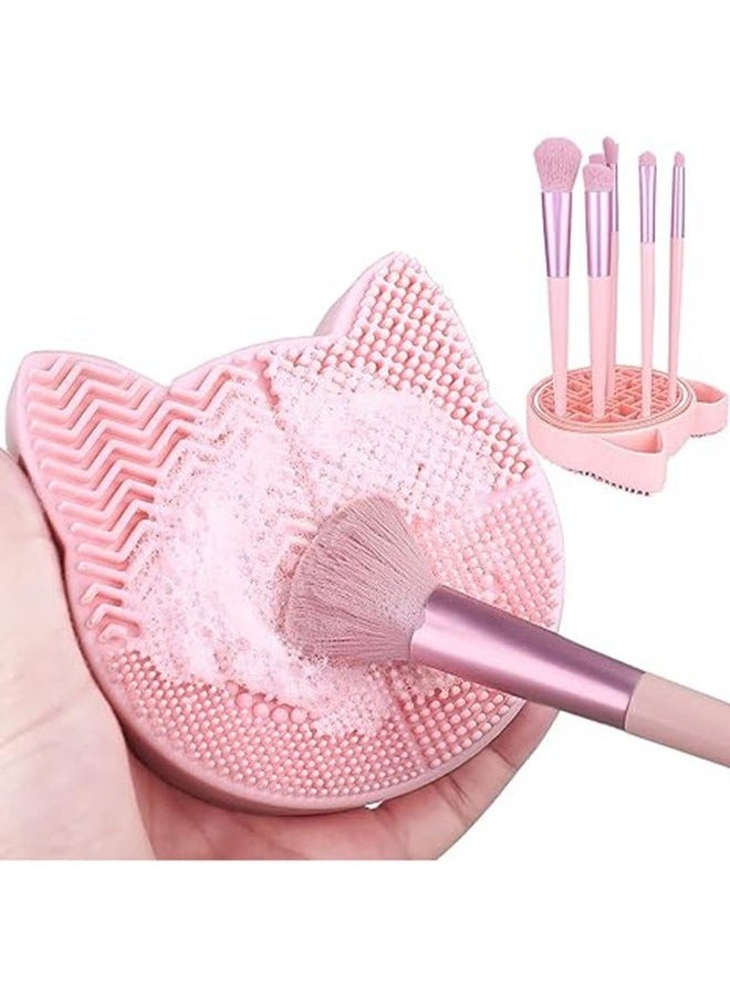 عربست سجادة تنظيف فرش المكياج بتصميم 2 في 1 مع حامل لتجفيف الفرش، وسادة تنظيف فرش على شكل قطة من السيليكون، رف منظم لفرش التجميل، أداة غسيل محمولة للمكياج - Image 1