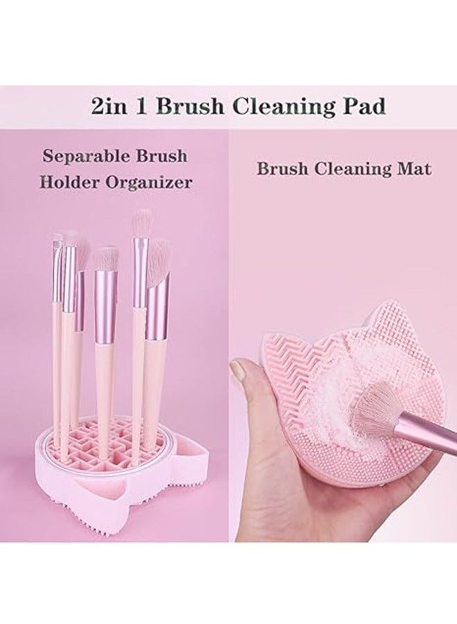 عربست سجادة تنظيف فرش المكياج بتصميم 2 في 1 مع حامل لتجفيف الفرش، وسادة تنظيف فرش على شكل قطة من السيليكون، رف منظم لفرش التجميل، أداة غسيل محمولة للمكياج - Image 2