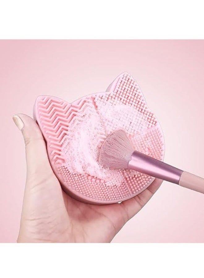 عربست سجادة تنظيف فرش المكياج بتصميم 2 في 1 مع حامل لتجفيف الفرش، وسادة تنظيف فرش على شكل قطة من السيليكون، رف منظم لفرش التجميل، أداة غسيل محمولة للمكياج - Image 5