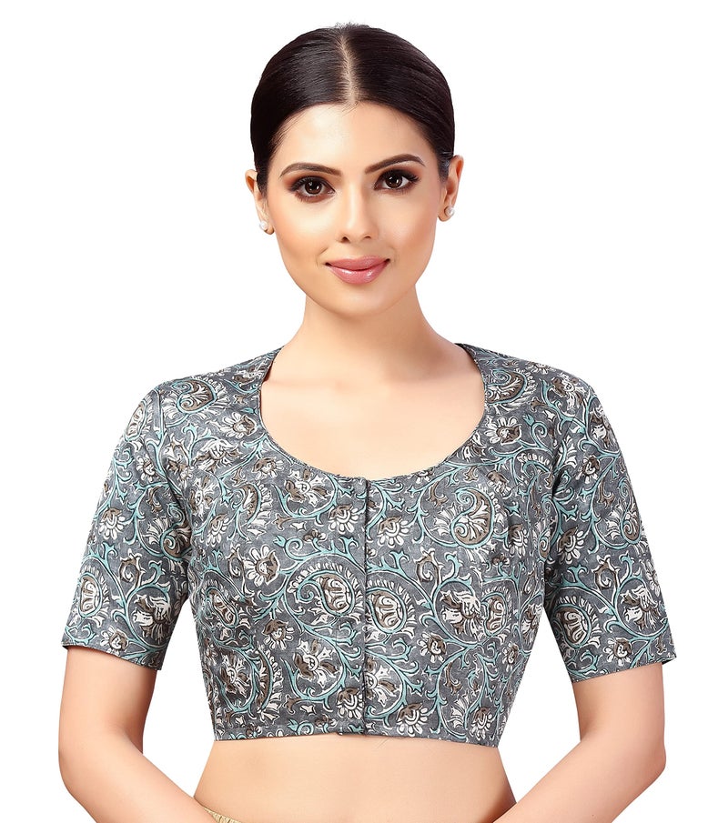 Studio Shringaar Women's Polyester Readymade tassar Silk Kalamkari Printed Saree Blouse with Short Sleeves(Grey, 40) - Image 1