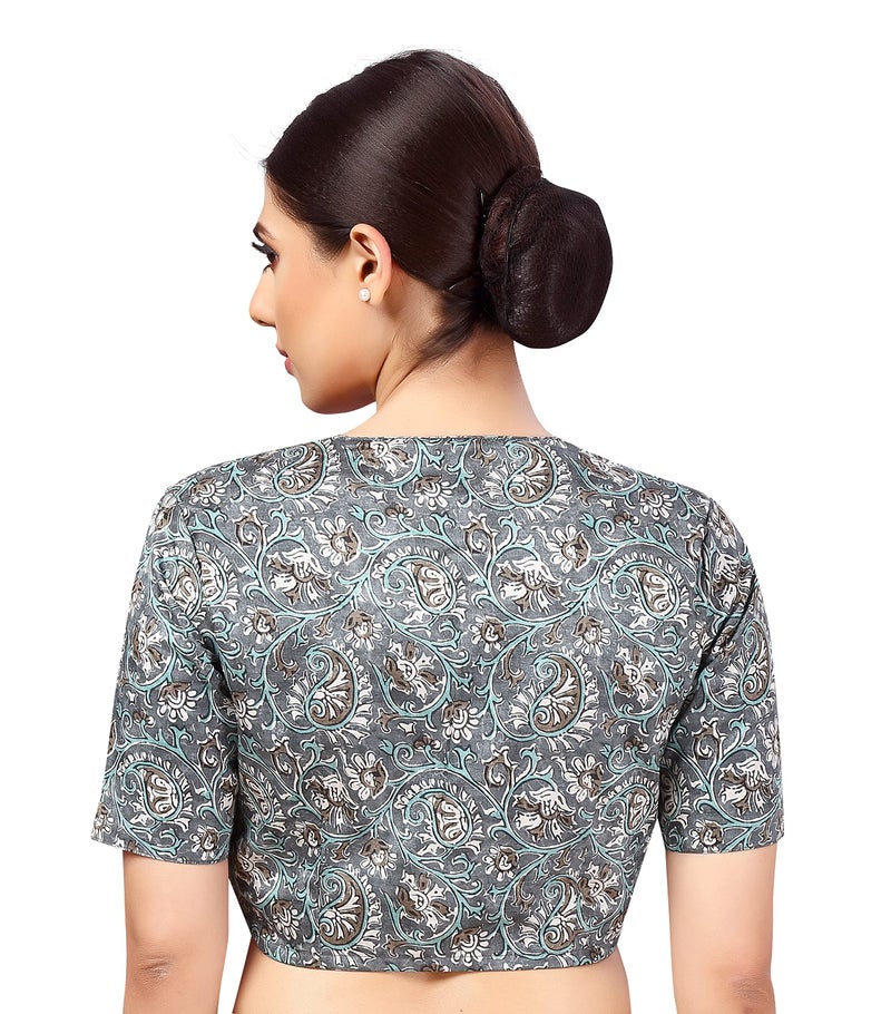 Studio Shringaar Women's Polyester Readymade tassar Silk Kalamkari Printed Saree Blouse with Short Sleeves(Grey, 40) - Image 2