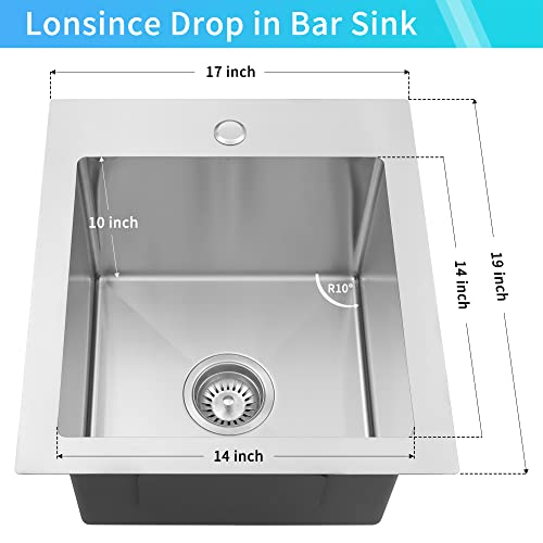 Lonsince Drop In Bar Sink 17 X 19 inch,16 Gauge Stainless Steel Bar Sinks,Small RV Sink - Image 3