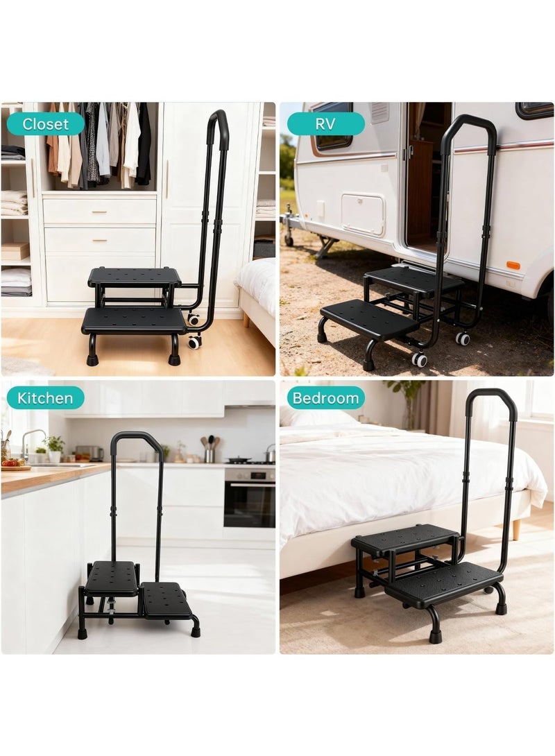 أوبتيا مقعد صغير بيدين، منصة مانعة للانزلاق ودرابزين قابل للتعديل، مقعد صغير بدرجتين لكبار السن، درجات سرير للبالغين وذوي الاحتياجات الخاصة، مقعد صغير متين للأسرة العالية، المطبخ، حوض الاستحمام - Image 4